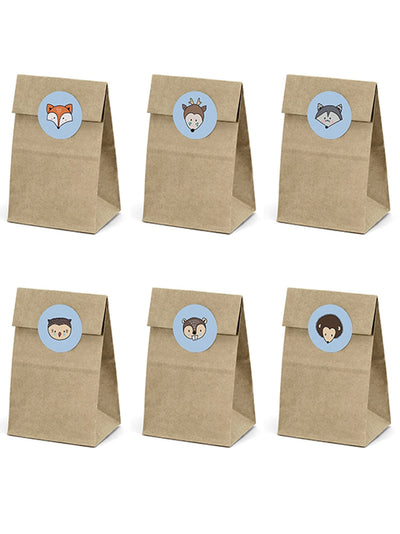 6 sacs en papier kraft et stickers animaux de la forêt pour enfant marron et bleu