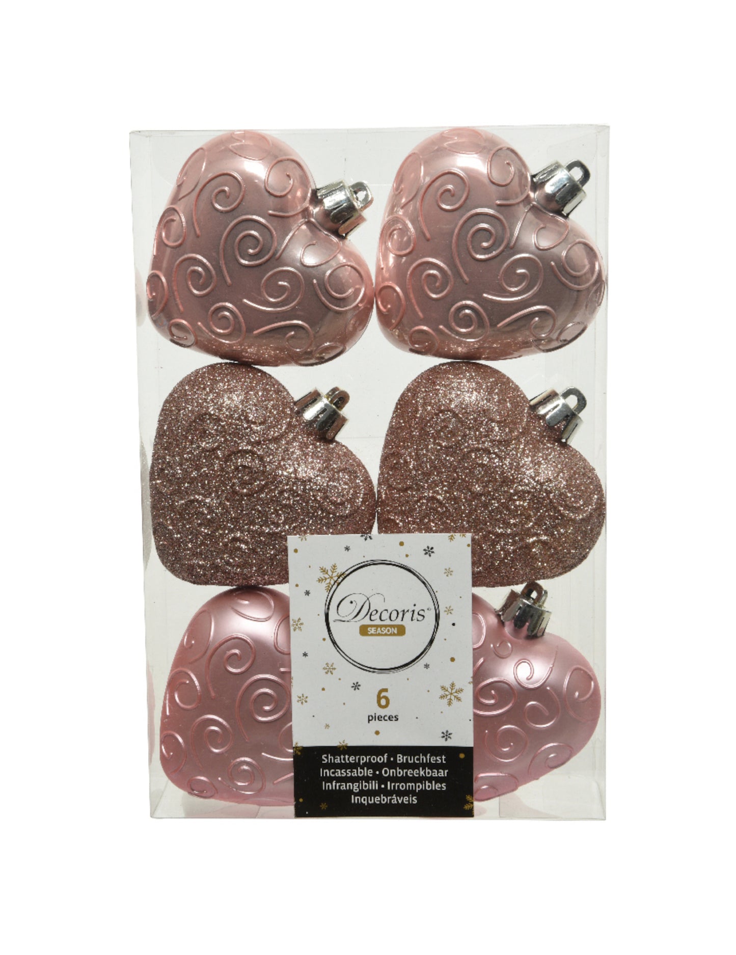 6 okraskov za božično drevo v obliki srca iz rožnatega zlata 7,5 cm bleščeč