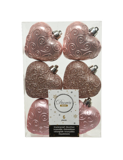 6 okraskov za božično drevo v obliki srca iz rožnatega zlata 7,5 cm bleščeč