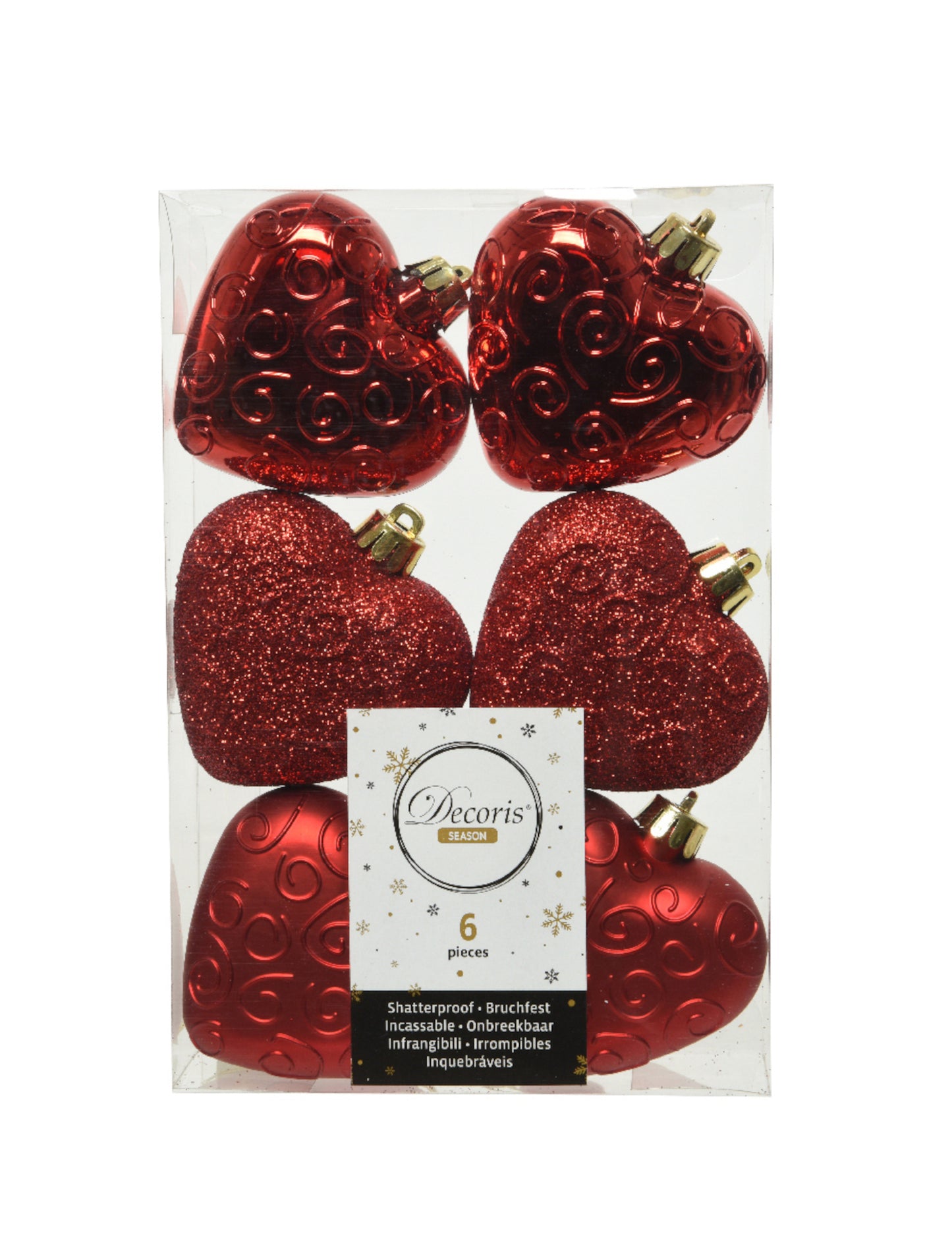 6 rdečih okraskov za božično drevo v obliki srca 7,5 cm mat, sijoča in bleščeča