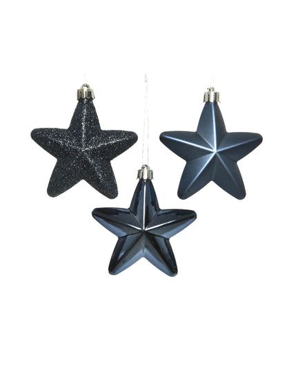 6 modrih zvezdastih okraskov za božično drevo, polnočno modre barve, 7,5 cm