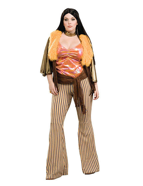 Déguisement de hippie années 60/70 pour femme orange et marron avec pantalon rayé
