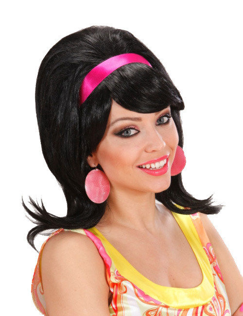 Perruque 60's pour femme noire avec bandeau rose