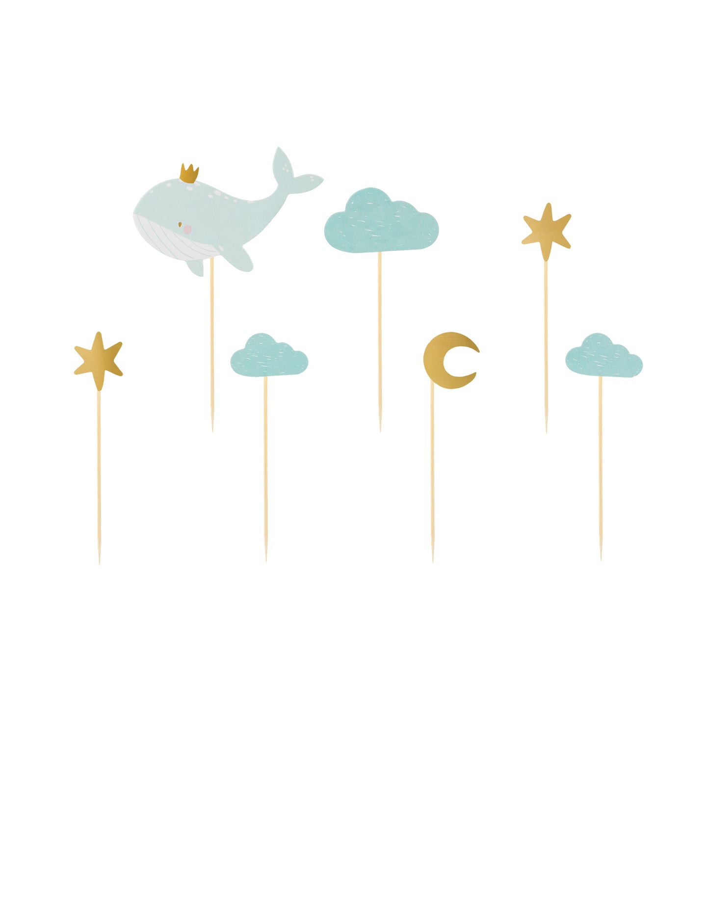 7 okraskov za torto v obliki nebeško modrega kita, 11 x 14 cm zlati oblak