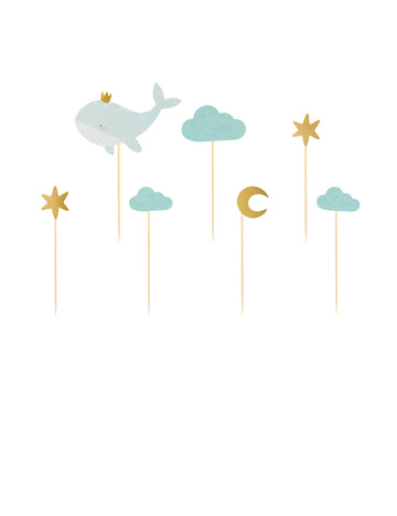 7 okraskov za torto v obliki nebeško modrega kita, 11 x 14 cm zlati oblak