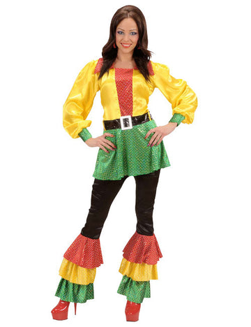 Satenasta obleka za disko iz 70-ih s bleščicami rumeno-rdeče-zelena 