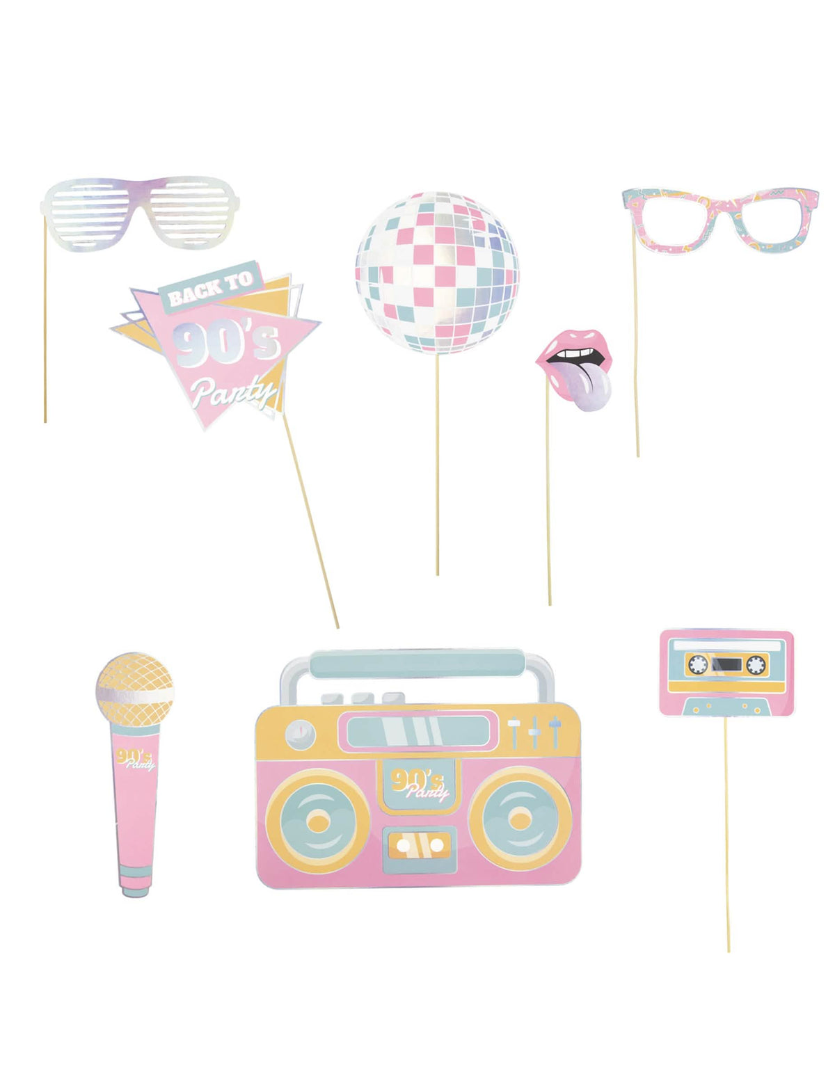 Accessoires photobooth années 90 pour fête multicolores pastel