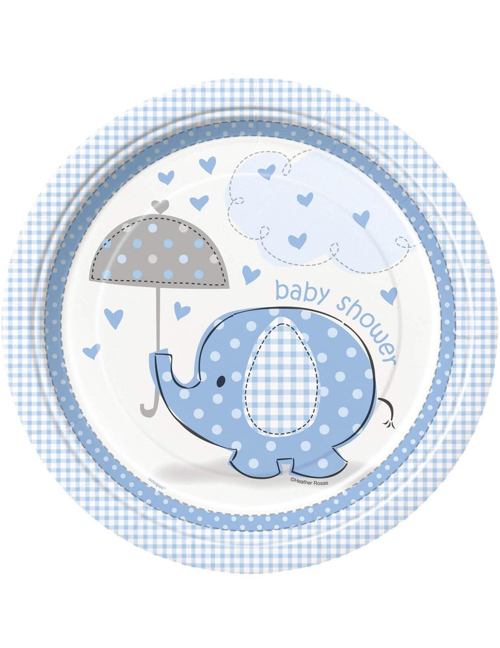 Papirnati krožniki slon za fantov baby shower modra z motivom dežnika