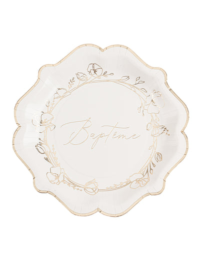 Assiettes en carton baptême blanches avec fleurs dorées