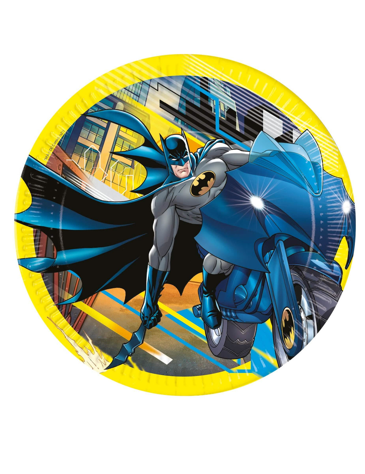 Batman kartonski krožniki za rojstni dan, rumena, z Batmanom na njegovem motorju