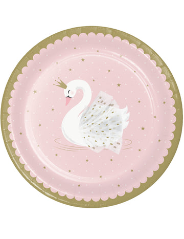 Assiettes en carton cygne royal pour enfant rose et doré festonnées