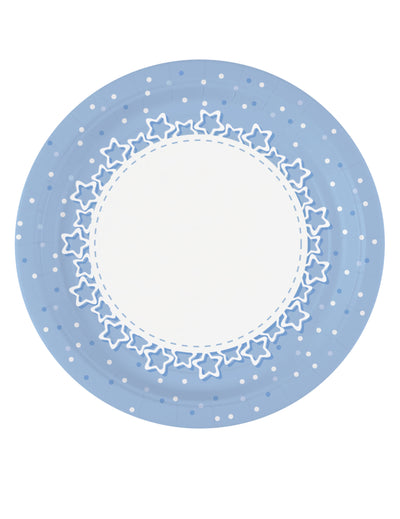 Assiettes en carton étoiles pour fête bleues à pois blancs