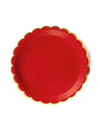 8 rdeče-zlatih kartonskih krožnikov z nazobčanimi robovi 23 cm za božič