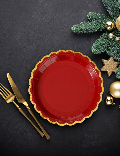 8 rdeče-zlatih kartonskih krožnikov z nazobčanimi robovi 23 cm za božič