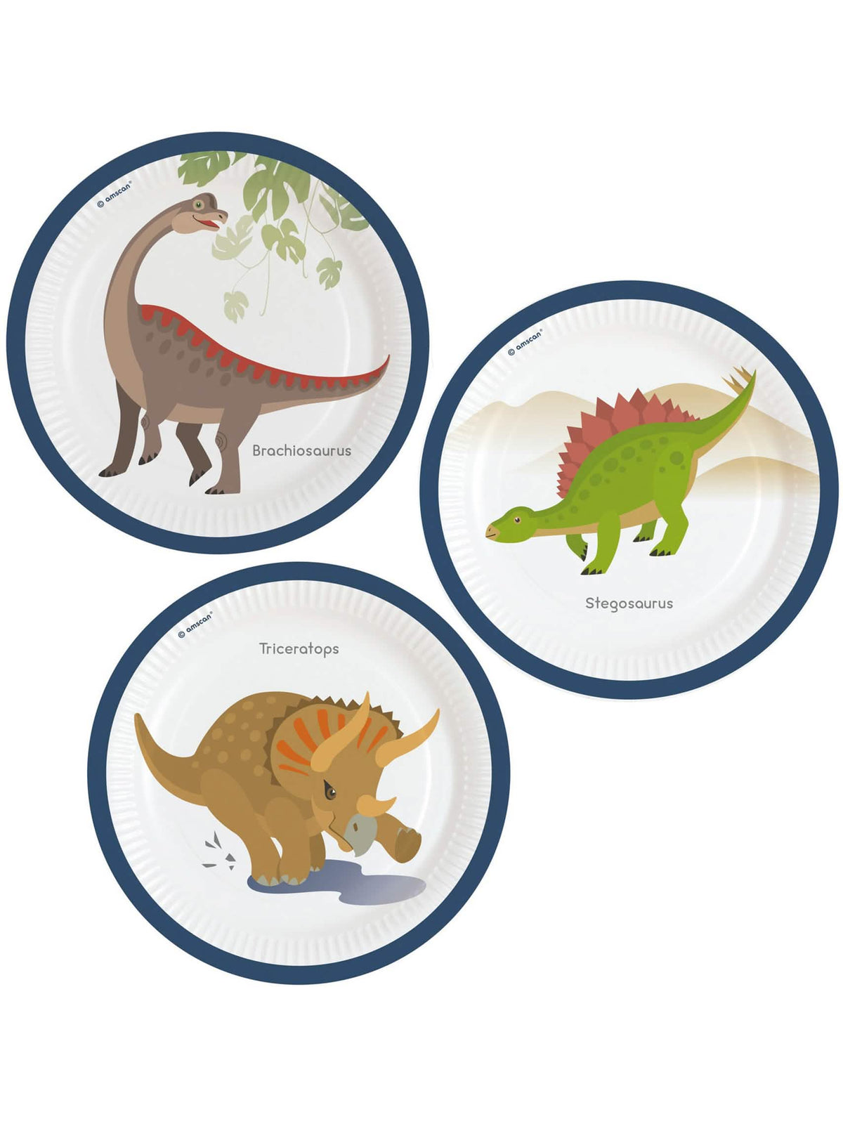 Papirnati krožniki veliki dinozavri za rojstni dan bela in modra z triceratopsom, stegozavrom in brahiozavrom