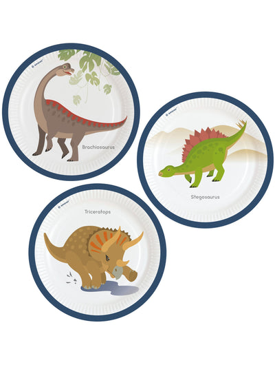 Assiettes en carton grands dinosaures pour anniversaire blanc et bleu avec tricératops stégosaure et brachiosaure