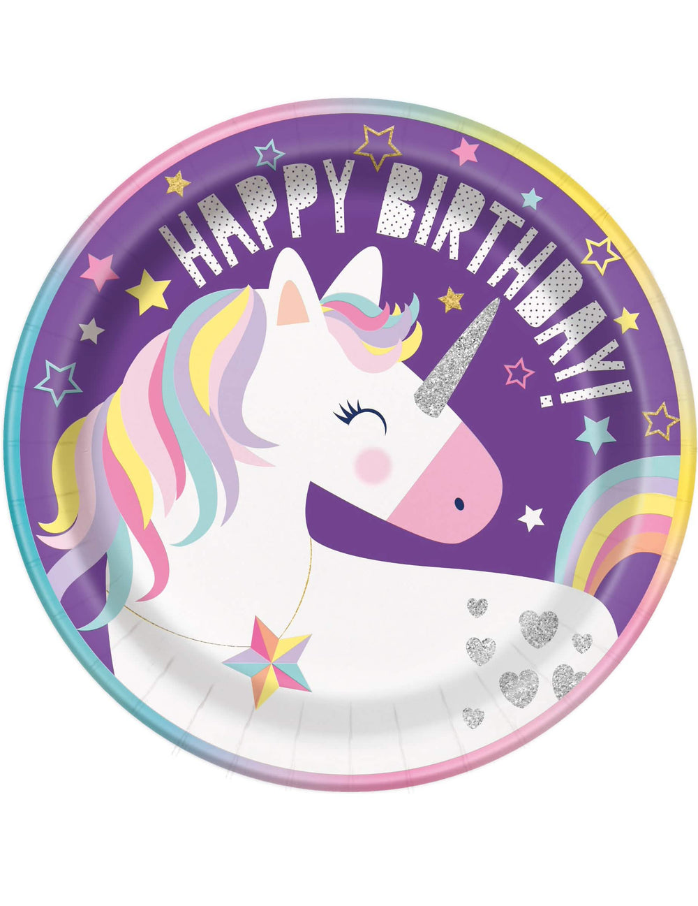 Kartonski krožniki Happy Birthday samorogi party za rojstni dan deklice, vijolični s bleščečimi detajli