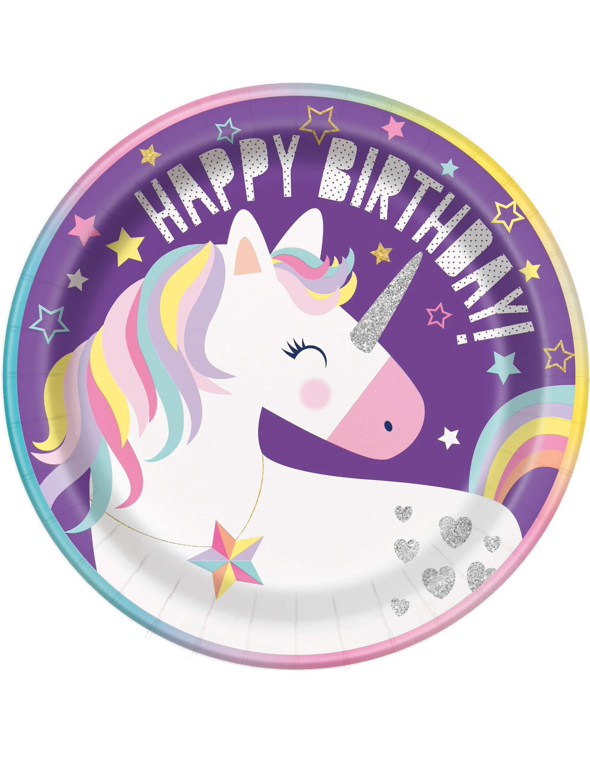Kartonski krožniki Happy Birthday samorogi party za rojstni dan deklice, vijolični s bleščečimi detajli