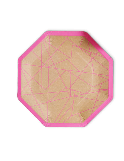 8 neonsko roza geometrijskih kraft papirnatih krožnikov 25 cm osmerokotni
