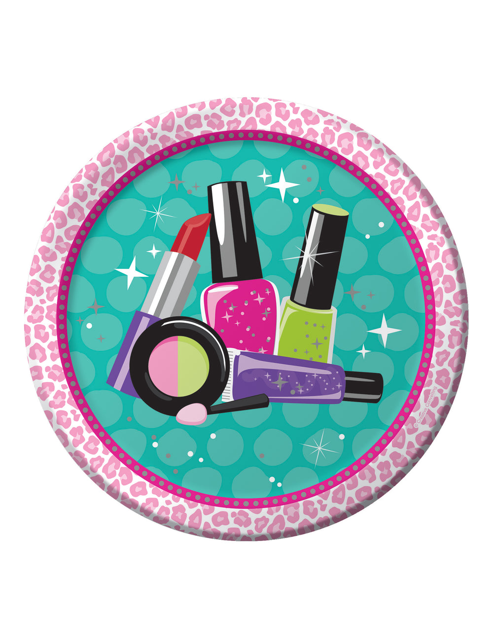 Assiettes en carton Make Up pour enfant rose et turquoise à motifs maquillage