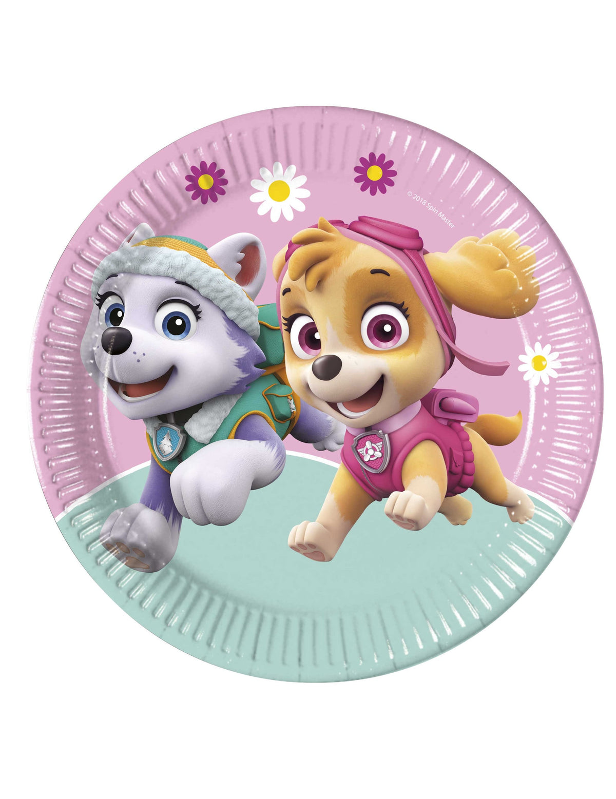 Assiettes en carton Pat' Patrouille Stella et Everest pour enfant rose et bleu avec fleurs