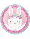 Assiettes en carton petit lapin pour anniversaire roses et vert d'eau