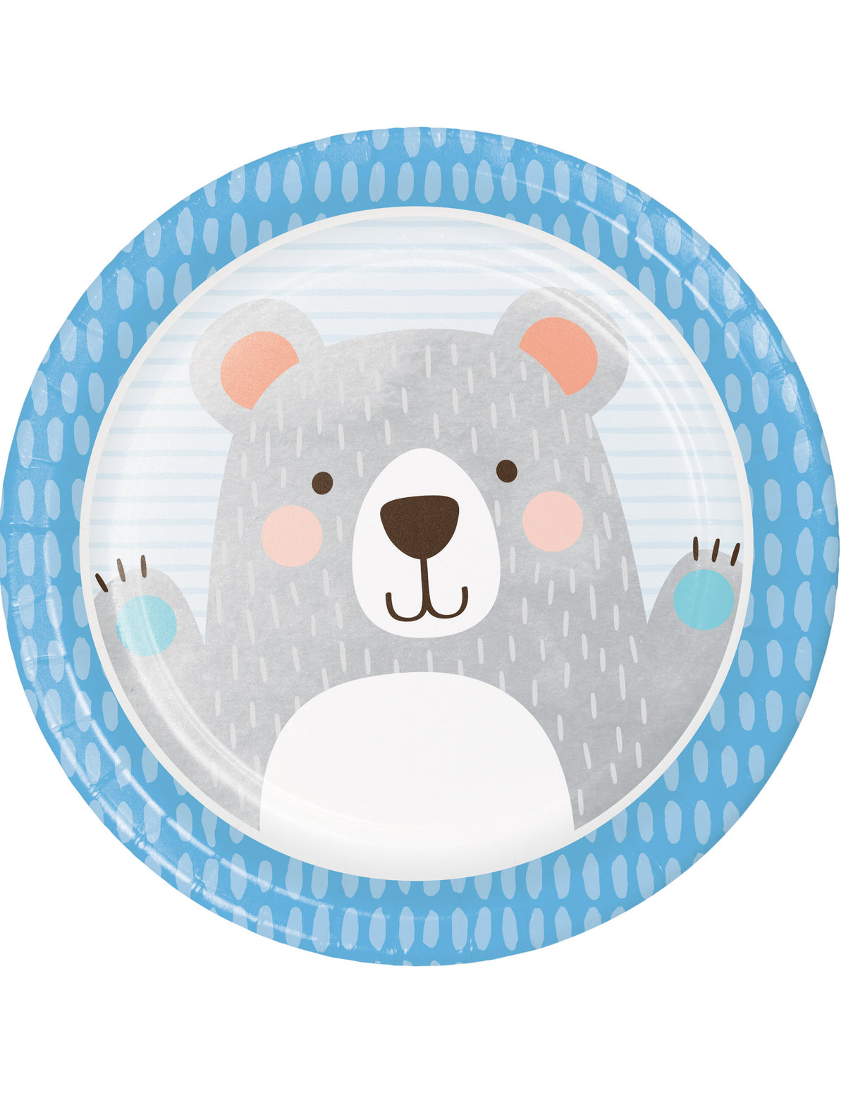 Assiettes en carton petit ours pour anniversaire gris et bleu