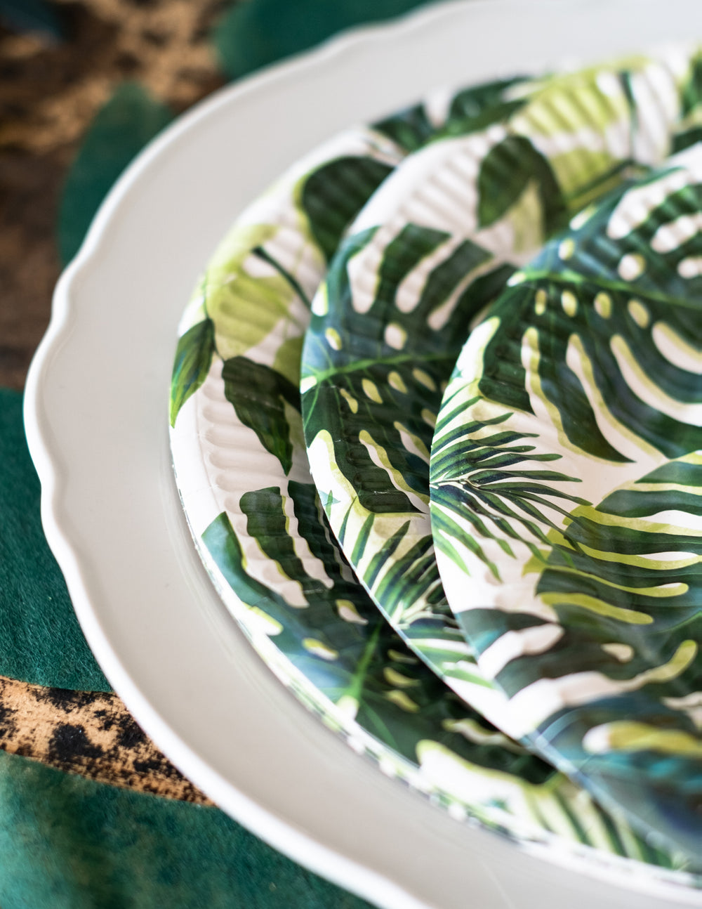 Gros plan sur l'empilement des assiettes en carton tropical
