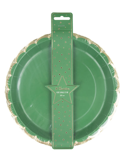 8 nazobčanih zelenih in zlatih kartonskih krožnikov 23 cm za božič