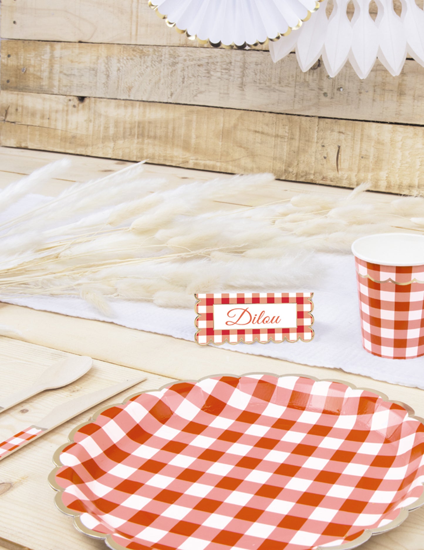 8 nazobčanih rdeče-belih karirastih kartonskih krožnikov 23 cm