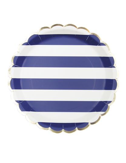 8 nazobčanih kartonskih krožnikov z vzorcem mornarskih črt 23 cm zlati rob