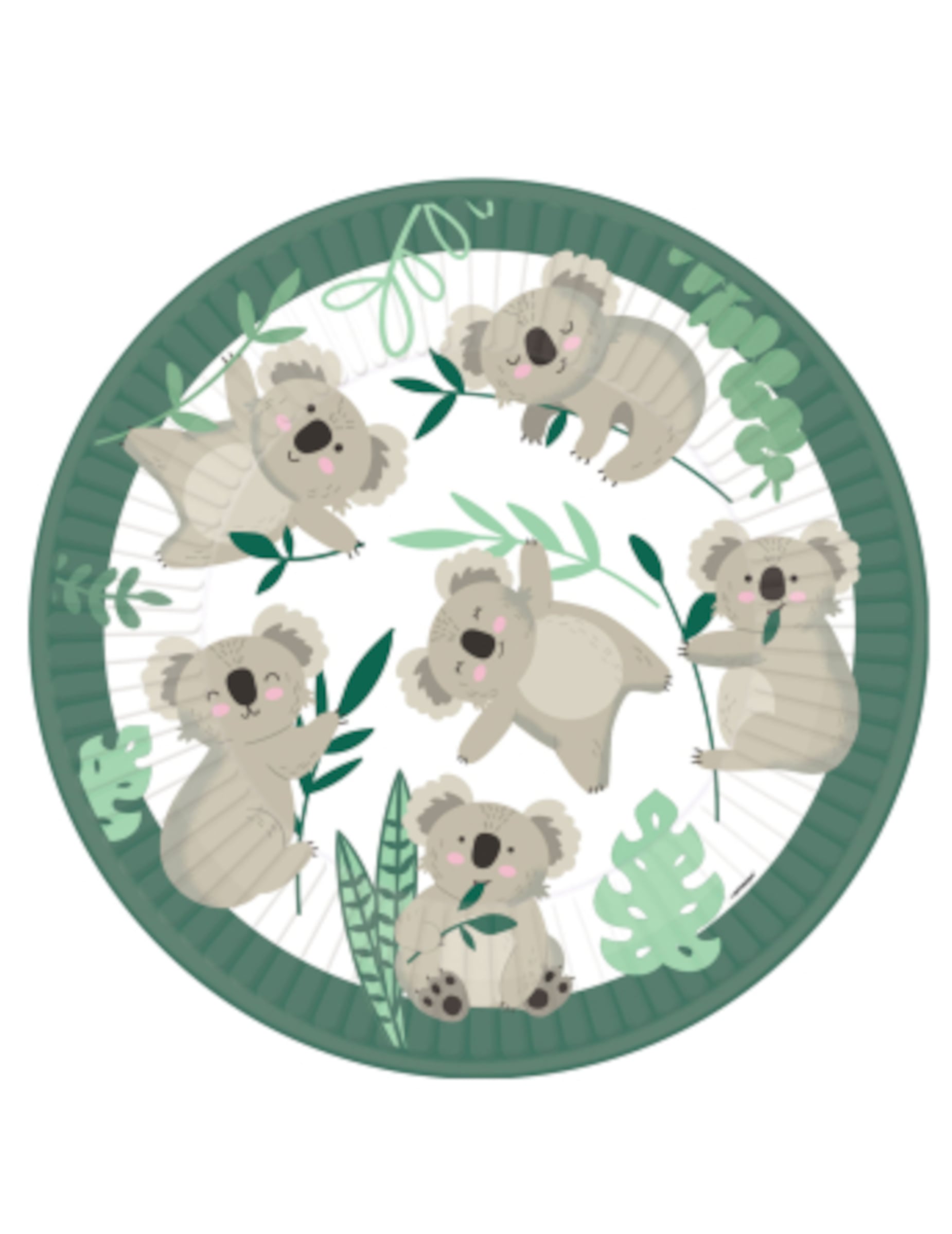 Assiettes en carton koala pour enfant vert avec décor eucalyptus
