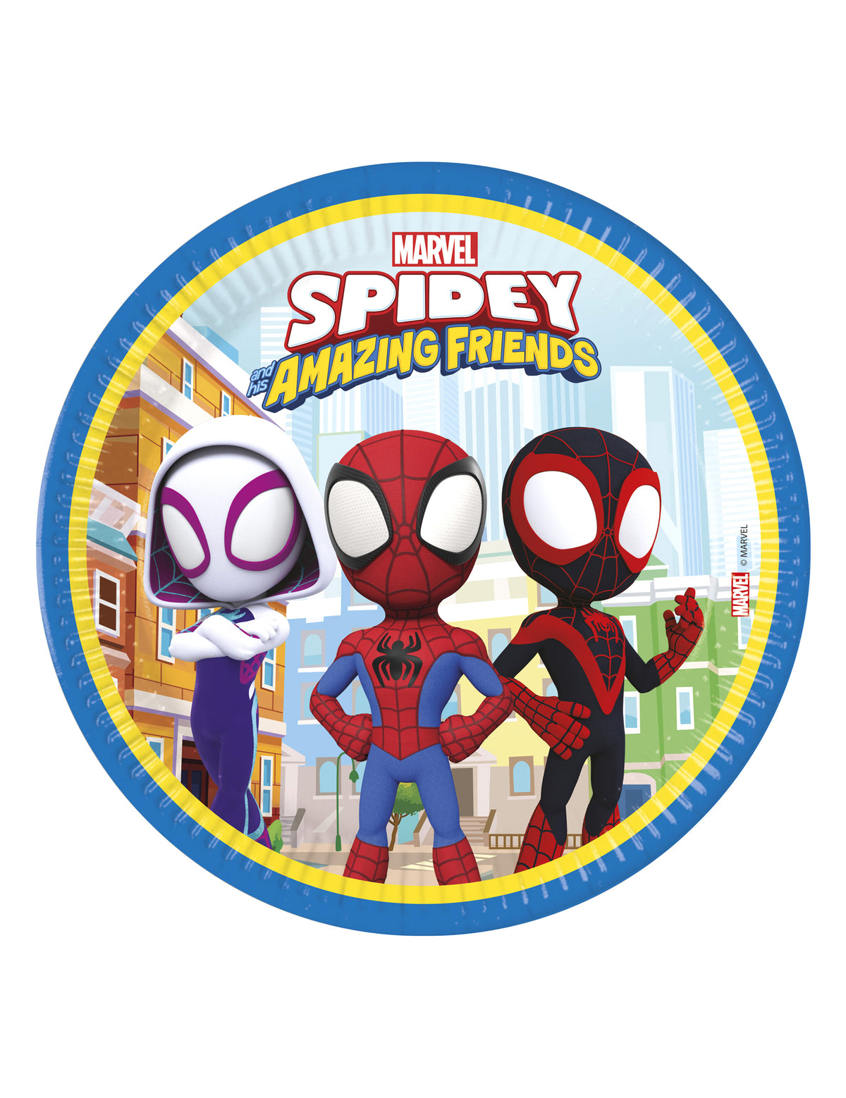 Assiettes Spidey et ses amis pour enfant bleues et jaunes avec Spidey, Ghost-Spider et Miles Morales
