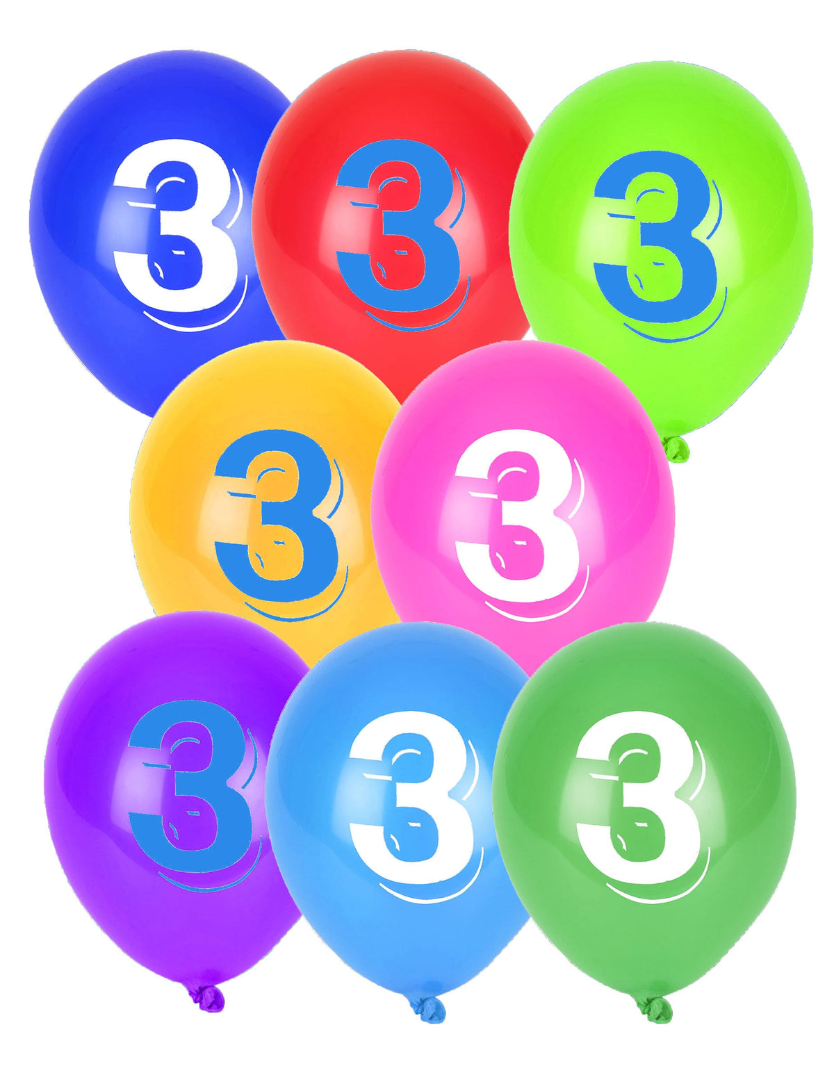 8 ballons chiffre 3 multicolores