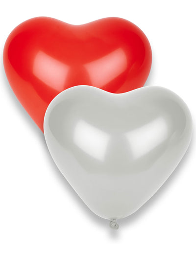 Gros plan sur les ballons rouges des Ballons en latex cœurs rouges et blancs