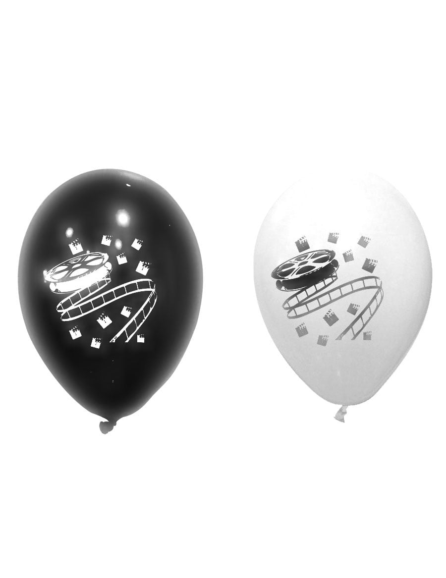 Ballons en latex cinéma pour fête noirs et blancs avec motifs de pellicule et clap