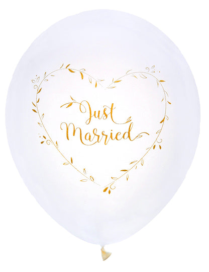 8 belo-zlatih lateks balonov "Just Married" 23 cm zelenjavno srce