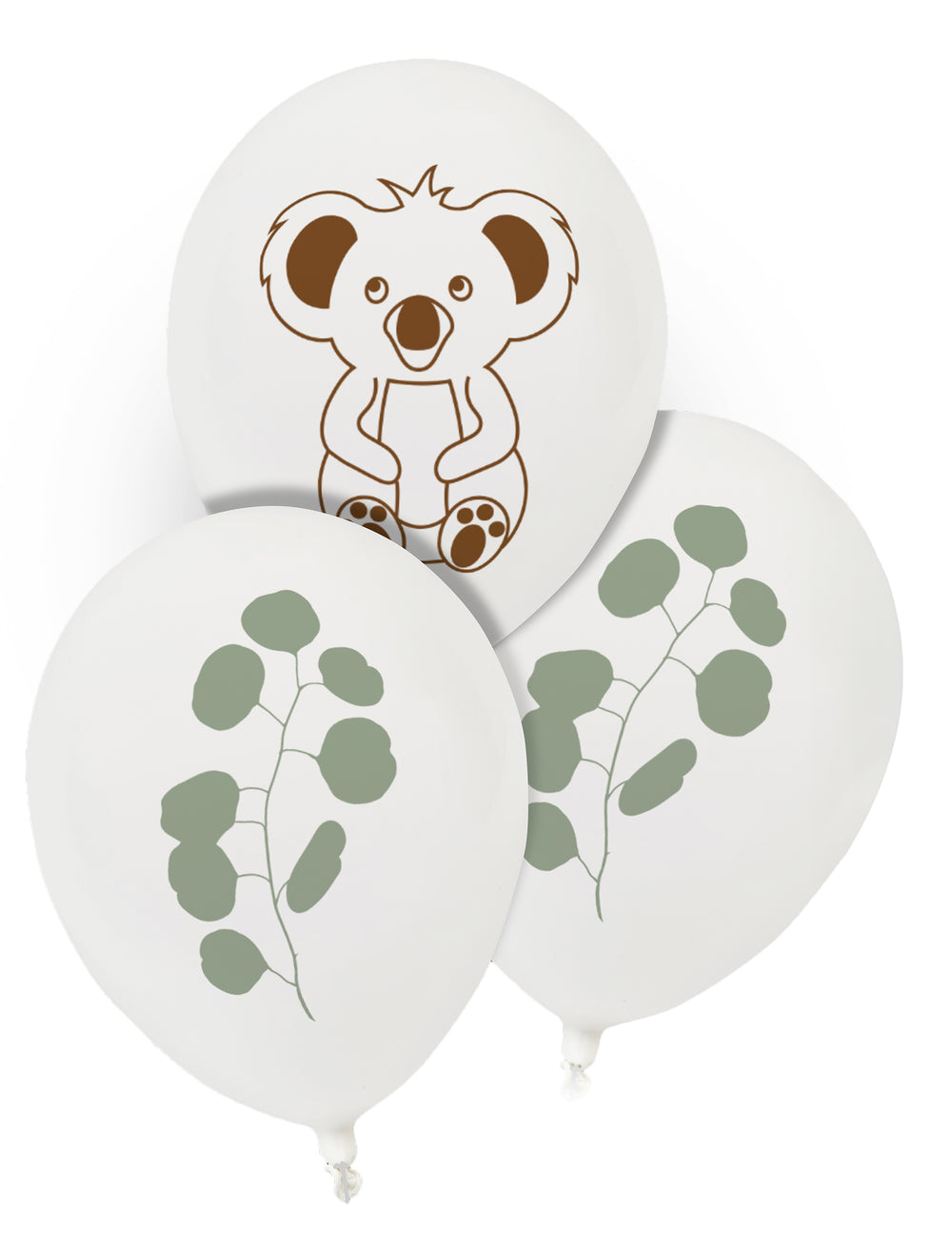 Ballons en latex koala et eucalyptus pour fête blancs avec motifs marron et verts