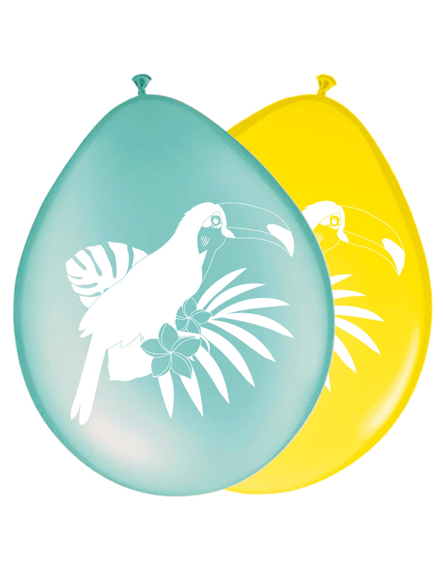 8 rumenih in modrih lateks balonov z motivom tukana 30 cm za tropsko dekoracijo