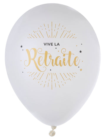 8 lateks balonov, "Srečna upokojitev", beli in kovinsko zlati, 23 cm za okras