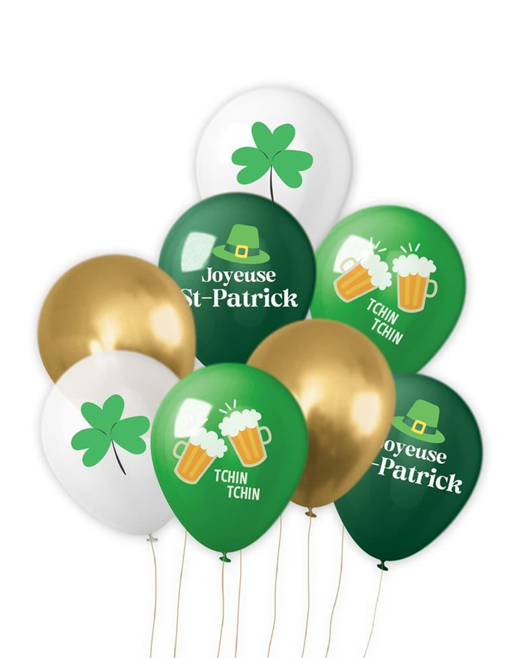 Ballons imprimés trèfles et bières Saint Patrick pour fête verts blancs et dorés