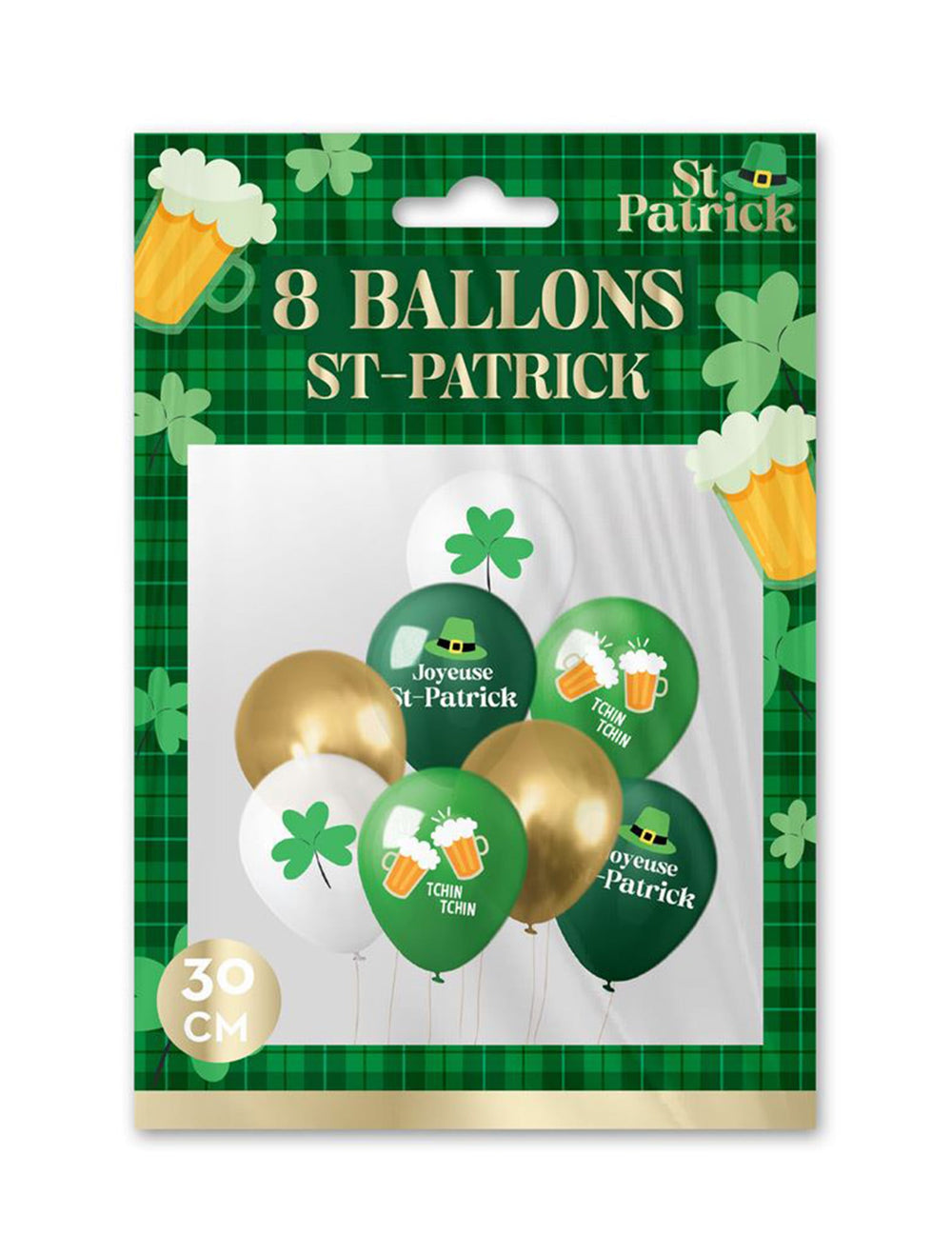 Vue de l'emballage des ballons imprimés trèfles et bières Saint Patrick