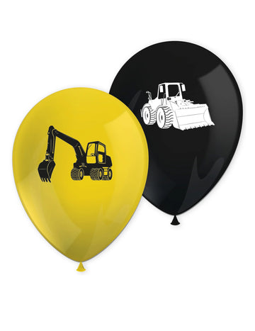 8 črno-rumenih lateks balonov z motivom gradbenih vozil, 30 cm