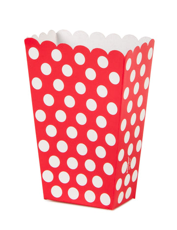 8 rdečih koruznih pop škatel z belimi polkami