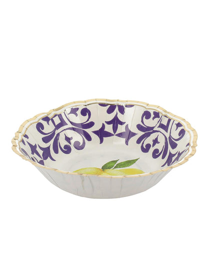 8 kartonskih skled v obliki limone v kraljevsko modri, rumeni, beli in zlati barvi, 13,5 cm, z mediteranskim cvetličnim vzorcem