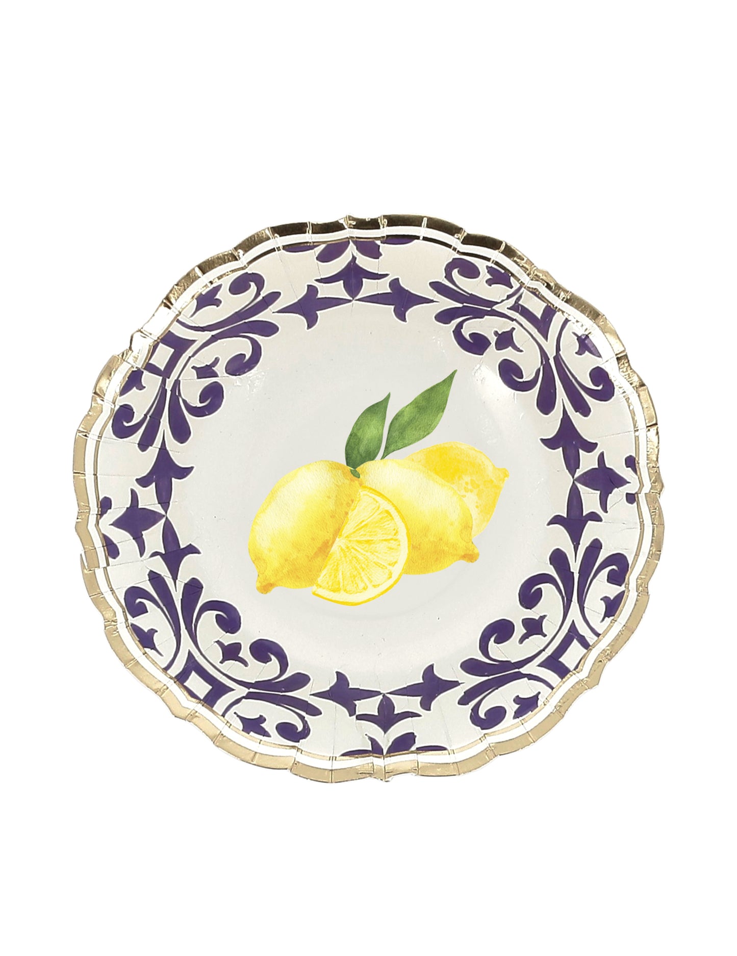 8 kartonskih skled v obliki limone v kraljevsko modri, rumeni, beli in zlati barvi, 13,5 cm, z mediteranskim cvetličnim vzorcem