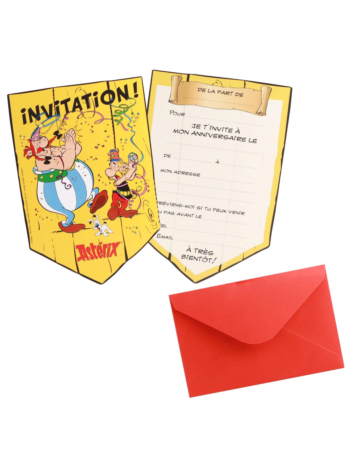Cartes d'invitation Astérix pour enfant jaune avec enveloppe rouge