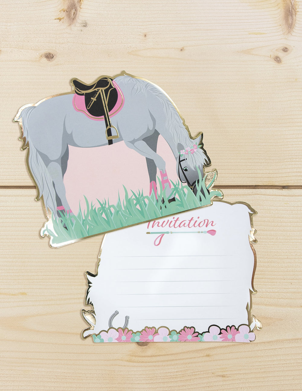 Vue du recto et du verso des cartes d'invitation cheval pour anniversaire