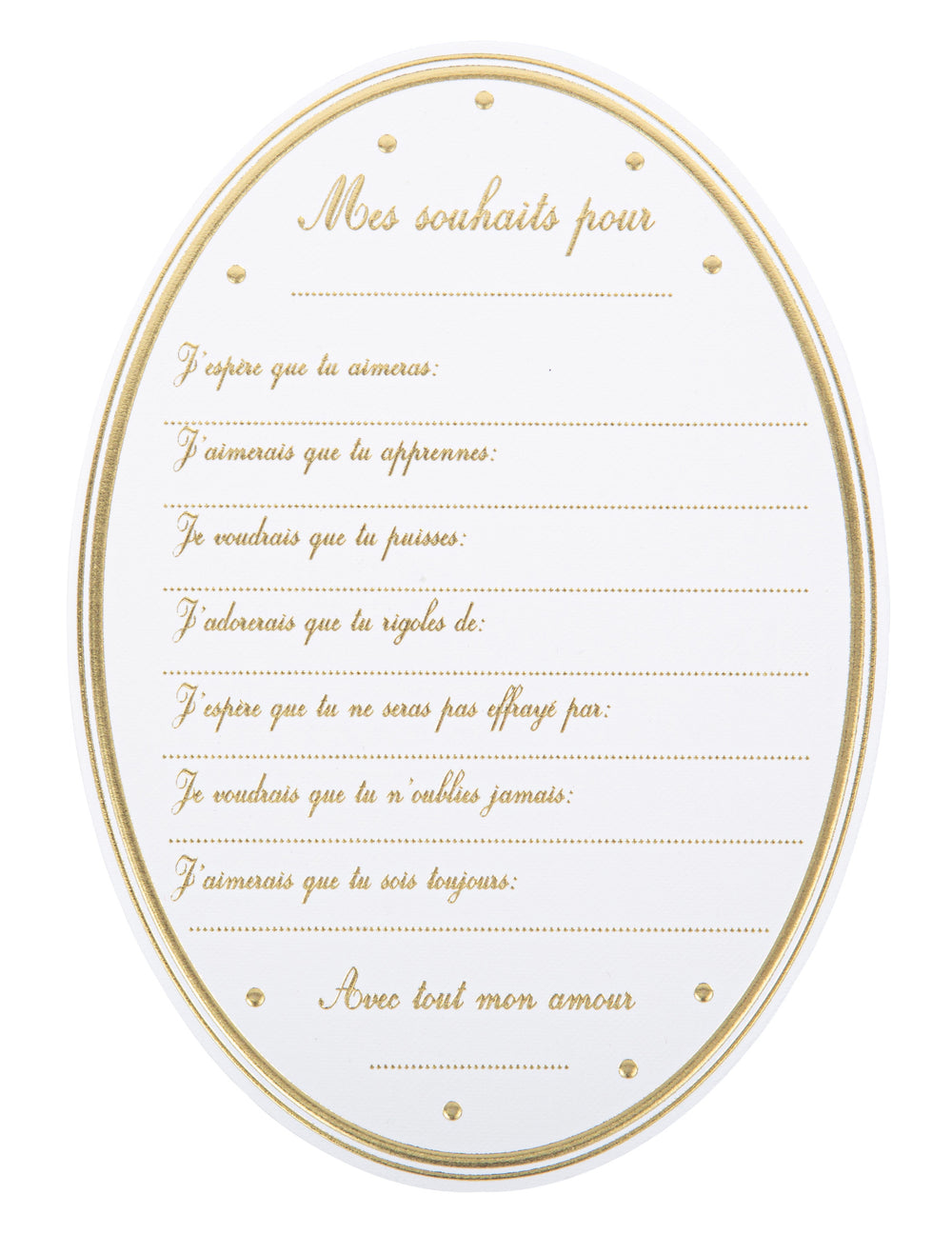 Cartes de souhaits baby shower pour fête blanches et dorées forme médaillon