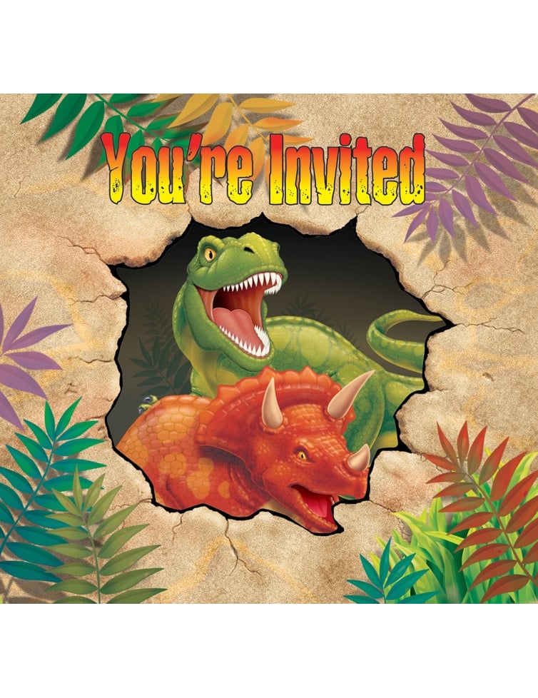 Cartes d'invitation anniversaire Dinosaures pour enfant multicolores avec T-Rex et Triceratops